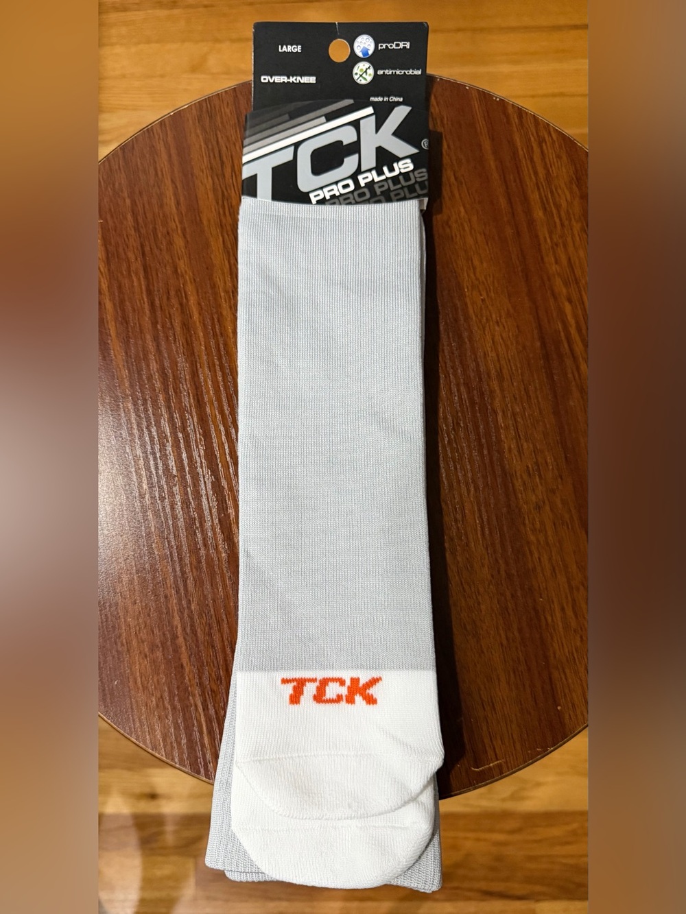TCK White/Grey Pro Plus Athletic Crew Socer Socks with Orange Logo